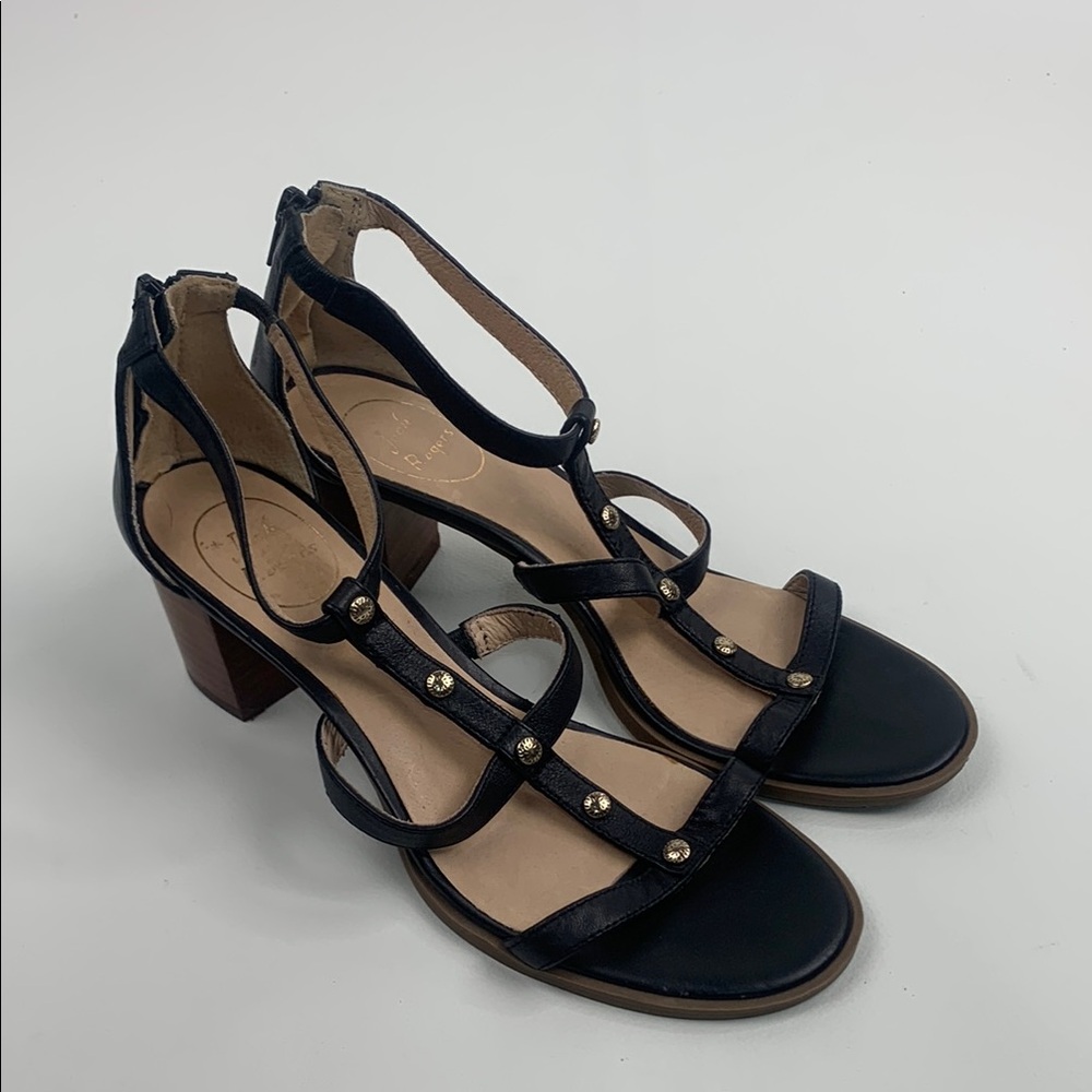 Jack Rogers Black Brown leather strappy Heels with Ankle Strap 7.5 Gold Studs